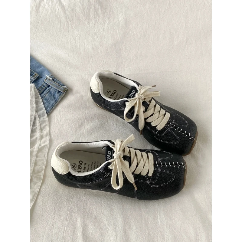 韩版复古黑色方头德训鞋女2025新款夏季平底阿甘鞋百搭运动休闲鞋