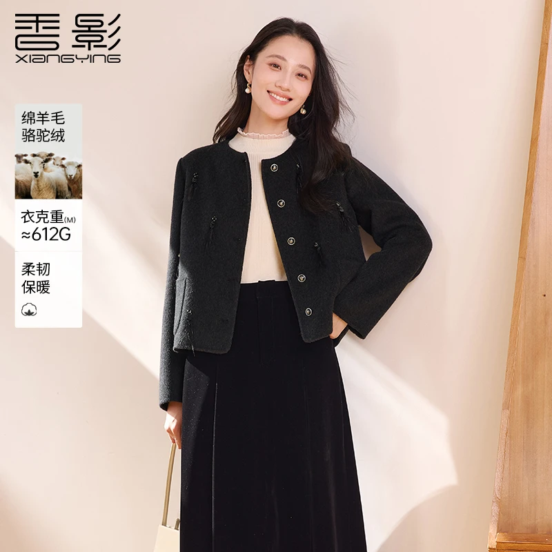 N65W013毛呢外套 【羊毛+山羊绒】香影黑色双面呢大衣女冬季新款
