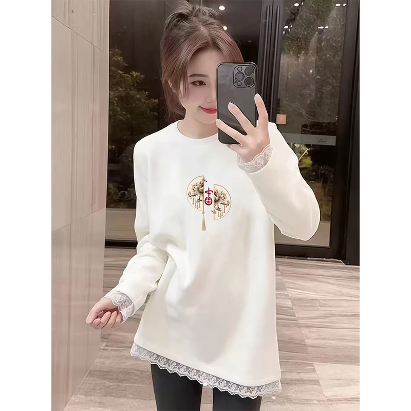 秋冬季新款爆款卫衣德绒蕾丝花边拼接中长款宽松显瘦打底内搭上衣