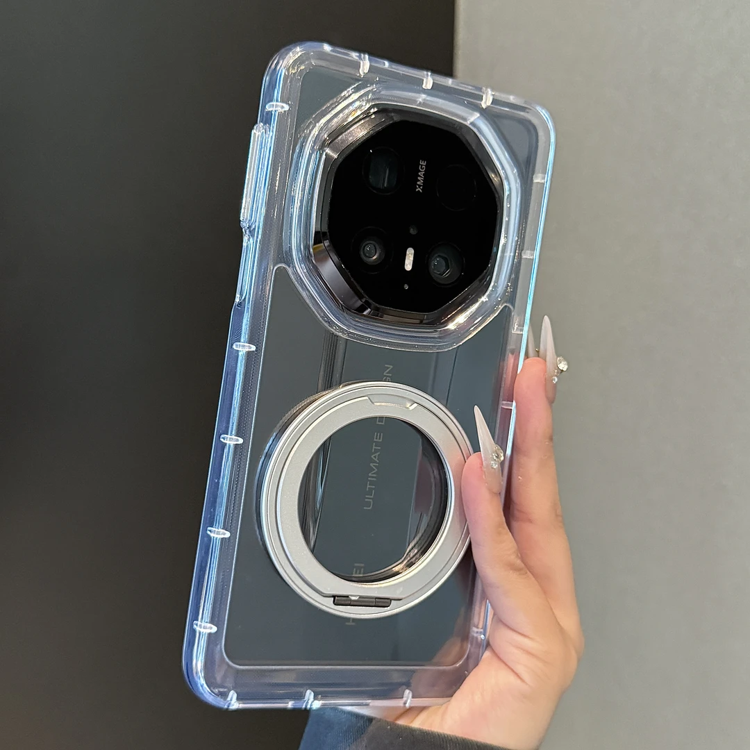适用华为mate70rs非凡大师手机壳透明磁吸充电360°旋转支架保护套