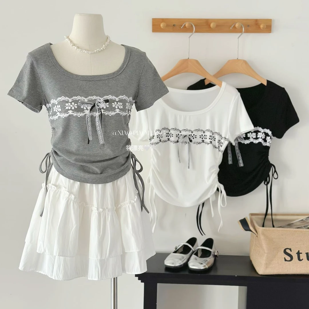 夏减龄立体蝴蝶结蕾丝拼接设计学院风抽褶显瘦百搭T恤2595#0.1