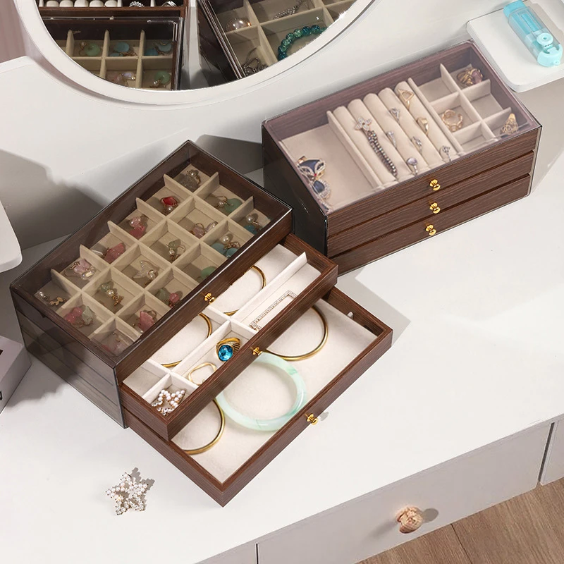 多层首饰盒高档精致项链耳钉耳环胡桃木纹大容量防氧化饰品收纳盒