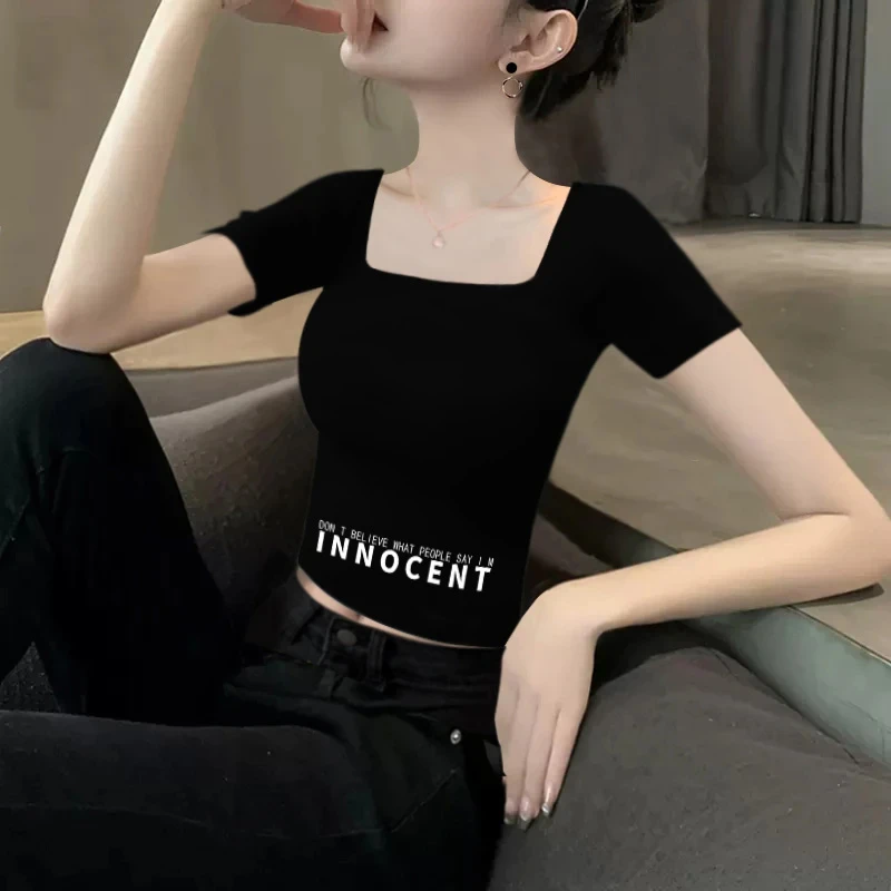 黑色方领印花短袖t恤女修身显瘦设计感小众短款露锁骨韩版上衣夏