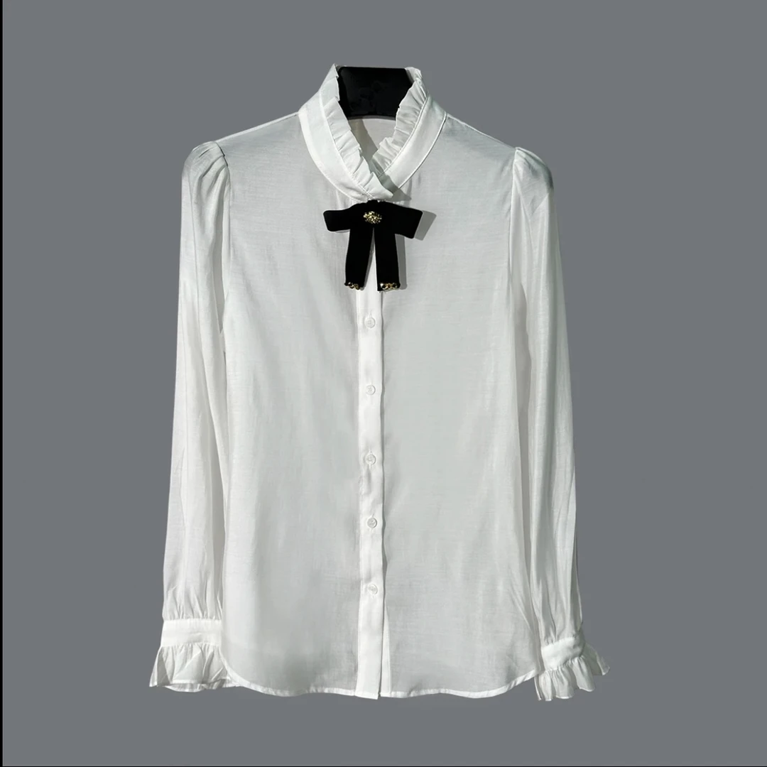 【FRANCEB BALIYA】气质休闲早秋荷叶立领百搭宫廷花边长袖衬衫