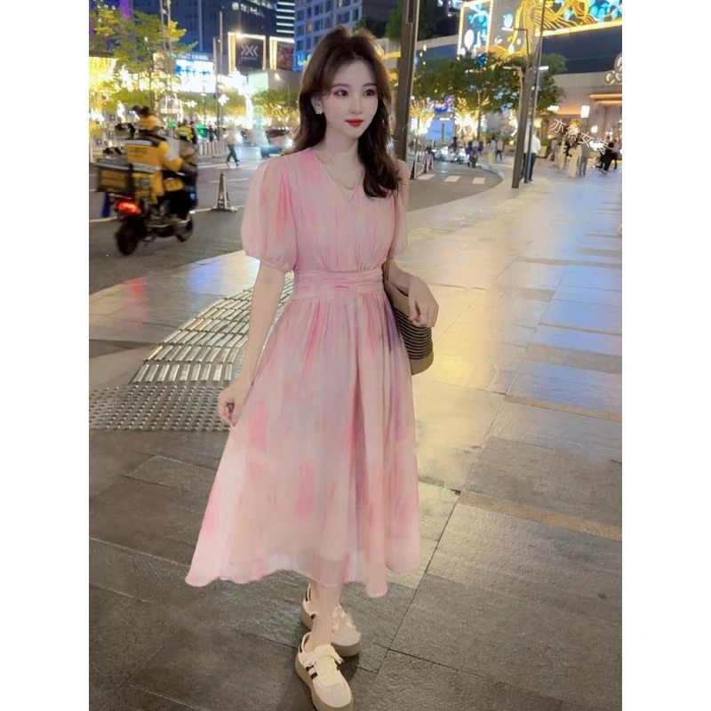 柔和优雅精致领晕染粉超浪漫甜美气质显瘦碎花连衣裙新款夏
