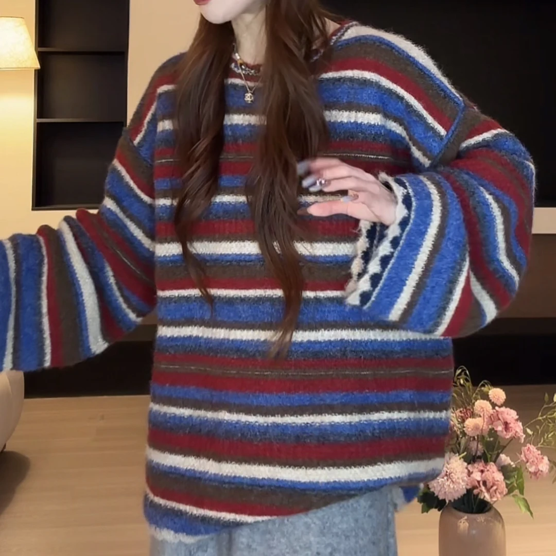 【圣诞系列 条纹撞色设计感针织毛衣】百搭圆领复古慵懒风针织衫