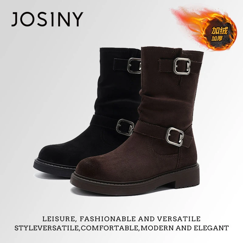 卓诗尼中筒骑士靴女款2025秋冬新款加绒棉鞋时尚美拉德棕色马丁靴