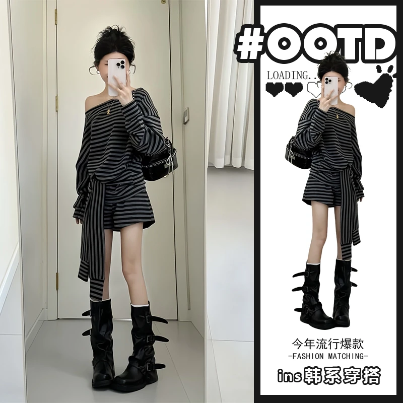 2025秋季新款复古绑带交叉露肩斜肩条纹上衣高腰a字短裤两件套女