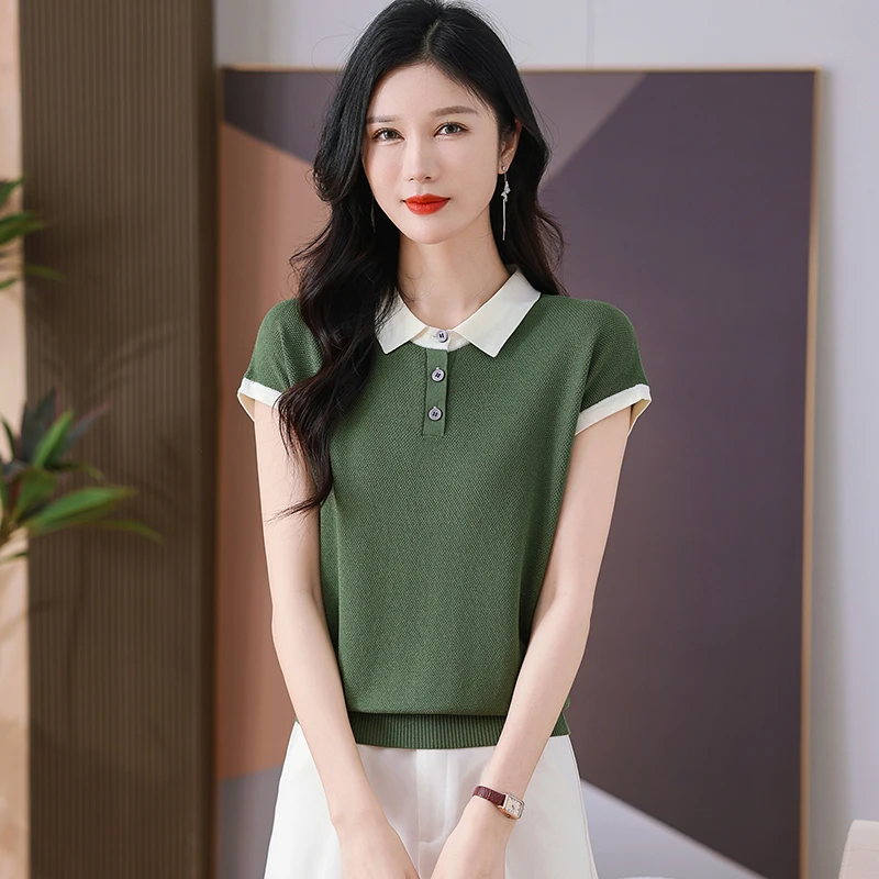 【隔蒲】2025夏季新款短袖女显瘦减龄翻领T恤宽松时尚洋气针织上衣