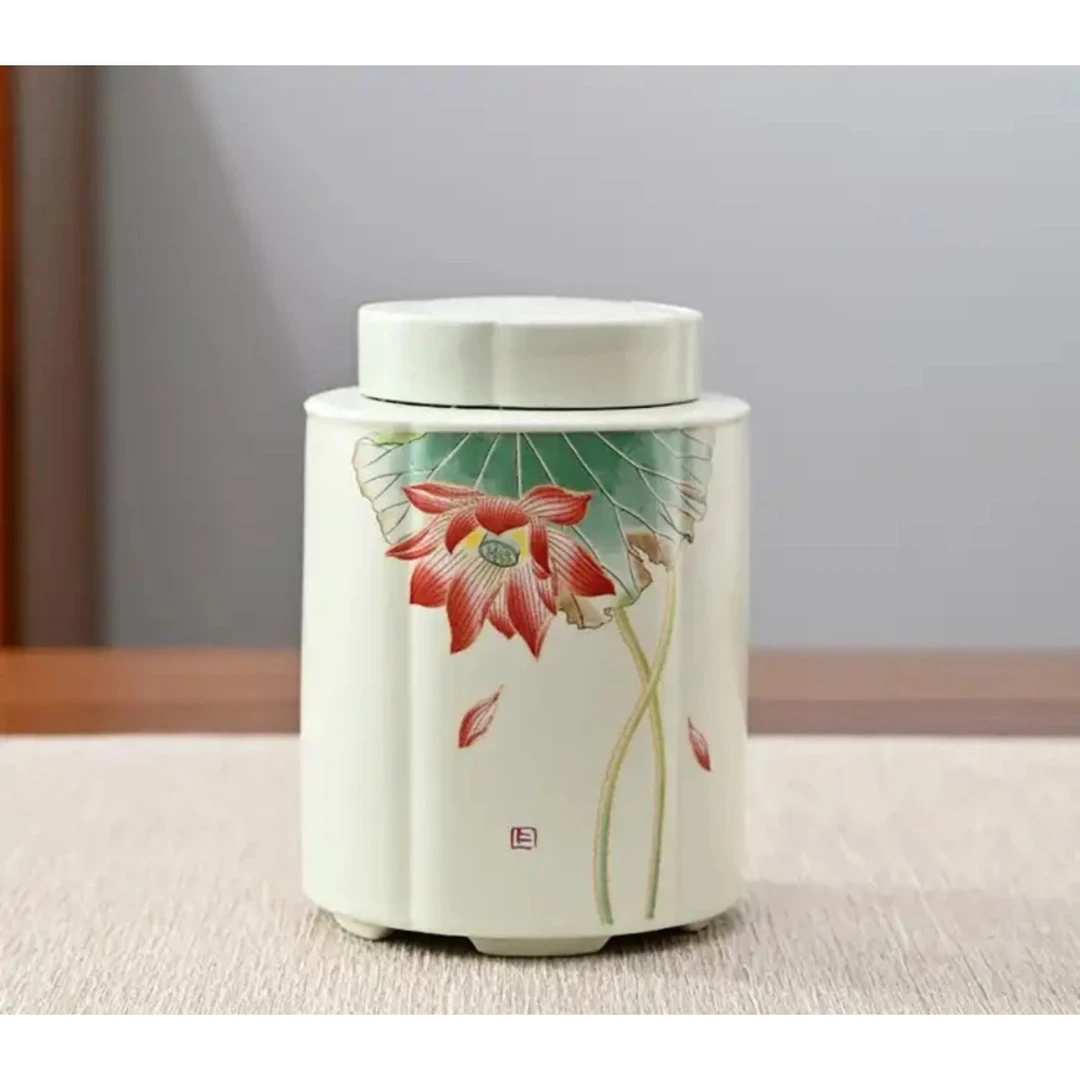 陶瓷高端茶具荷花茶叶罐密封罐家用红绿茶储存罐防潮瓷罐@304
