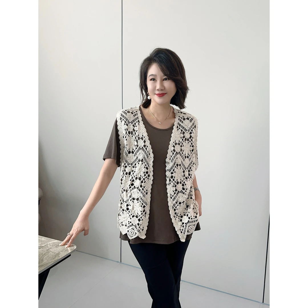 GS显瘦【花样钩花马甲】贝壳扣钩花马甲夏季新款欧若风马夹8075