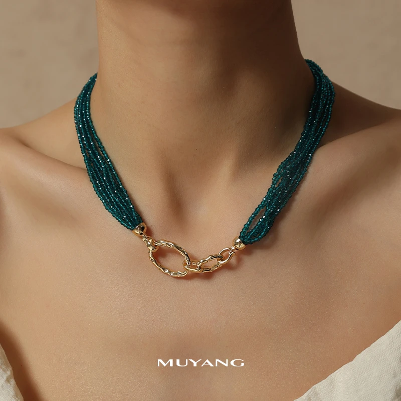 muyang/慕阳 铜合金玻璃项链 气质时尚百搭简约蓝纹项链