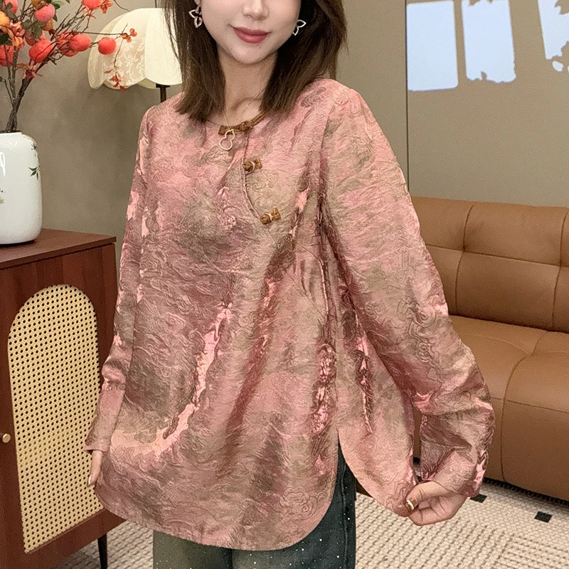 【米多多】新中式国风女装圆领时尚休闲宽松长袖上衣9215
