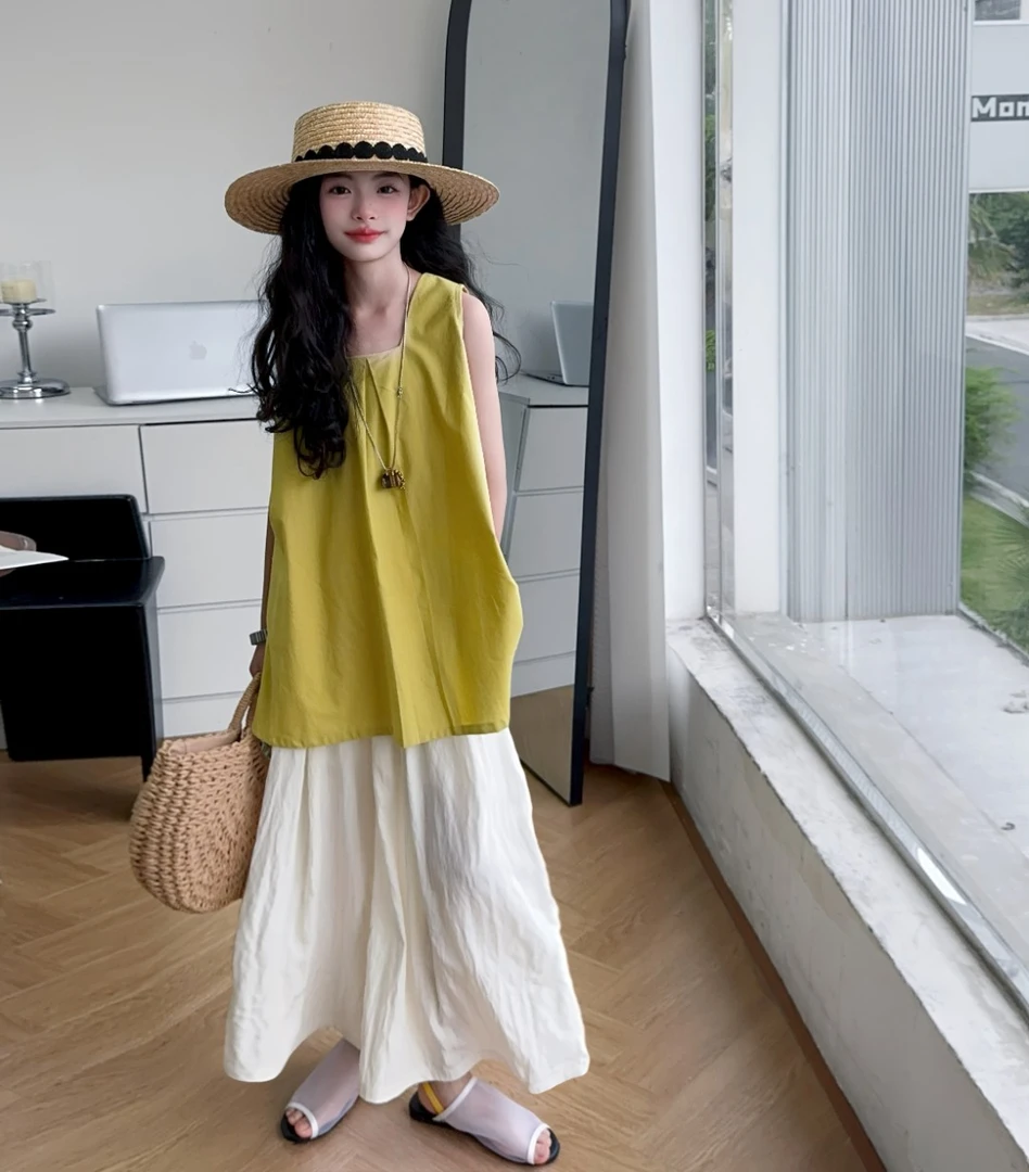 女童无袖上衣裙裤套装夏2025新款女大童气质宽松百搭阔腿裤一整套