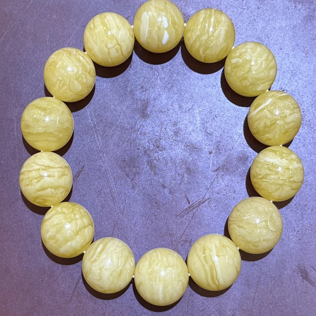 琥珀白花蜜蜡虎皮纹圆珠手串，15m+，29.88g，天然原矿保真