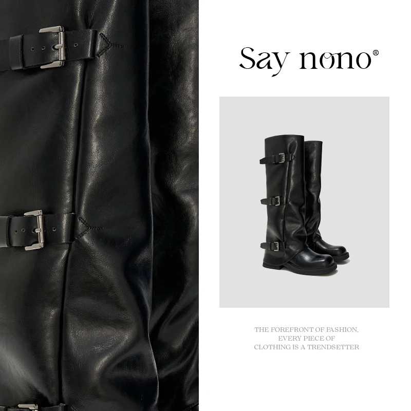 Say  nono  皮带扣裤管骑士靴长筒增高复古百搭时装堆堆靴5.5cm