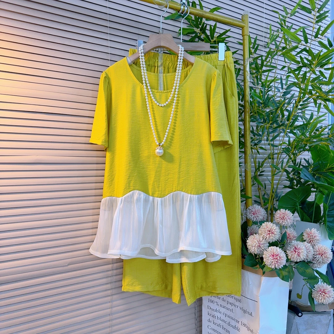 1595胖mm欧货韩版圆领拼接纱减龄设计感短袖衫阔腿裤显瘦两件套