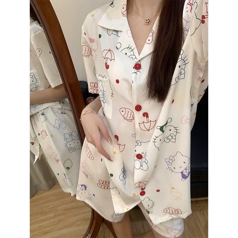 新款睡衣女夏季冰丝短袖缎面可爱动物图案家居服套装Q275