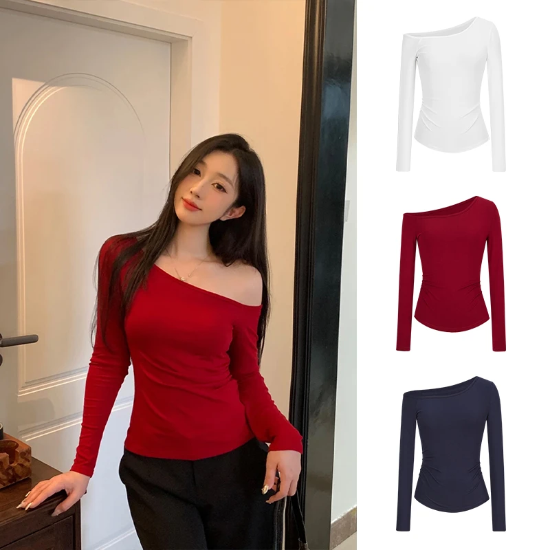 Moses Queen/魔西女王早秋斜肩露肩长袖T恤女修身显瘦内搭打底衫