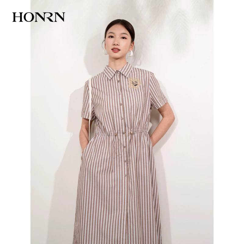 HONRN/红人条纹抽绳收腰纯棉短袖a字衬衫裙连衣裙女夏HI22OL421