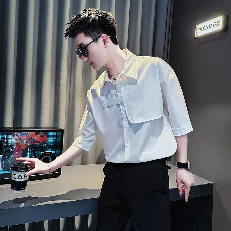 男士短袖衬衫夏季2025新款设计感拼接男生上衣男装英伦痞帅衬衣薄