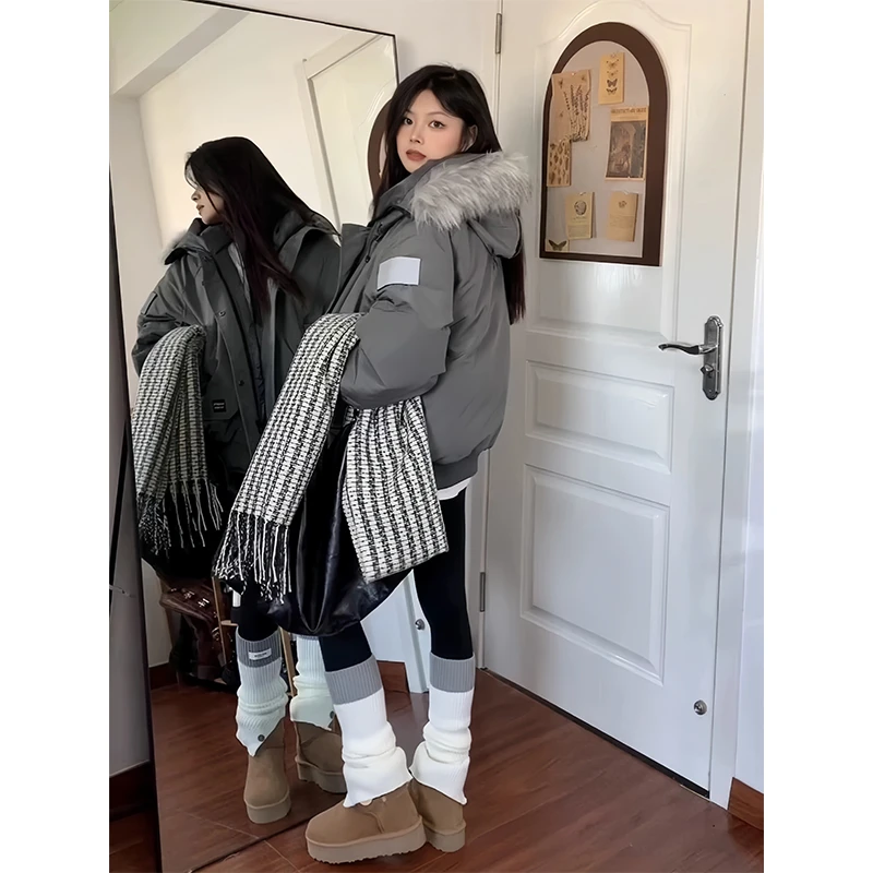 SUMBUR冬天休闲服加厚保暖毛领棉服外套女美式复古潮牌宽松派克服