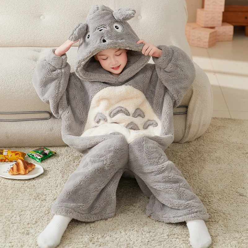儿童连体睡衣男童女童秋冬季卡通龙猫可爱宝宝保暖绒家居服中大童