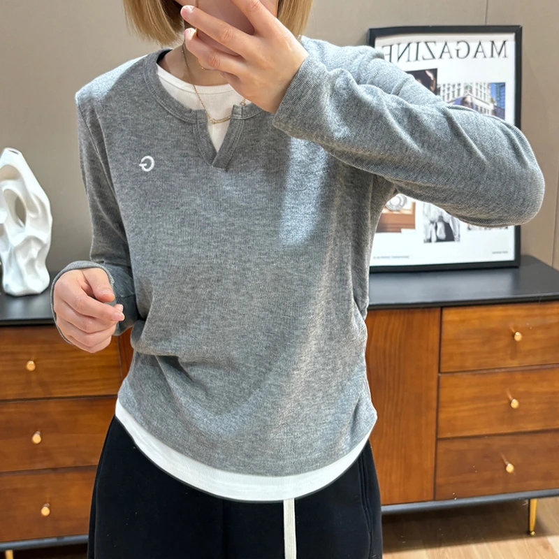 大码200斤洋气减龄假两件正肩拼色设计感长袖t恤女收腰显瘦上衣潮