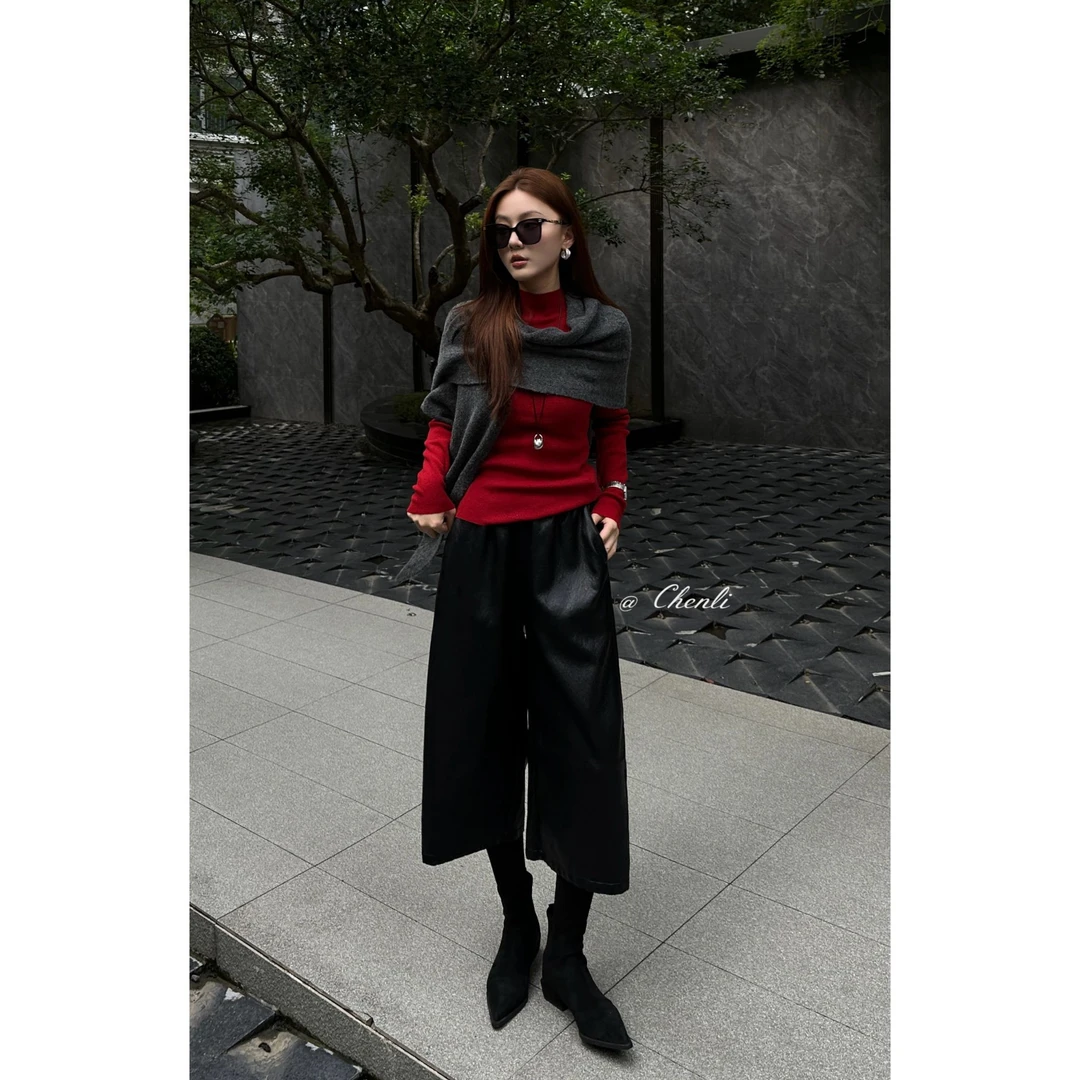 XiANJiE 2025极简设计款高级调性光泽感松紧腰七分皮裤