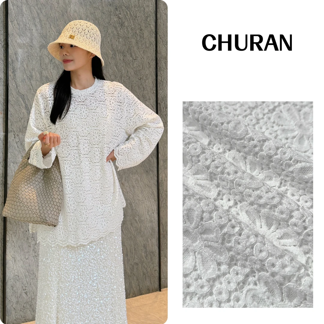 U.V.Y2025新款镂空显瘦蕾丝圆领宽松百搭减龄显瘦休闲长袖T恤