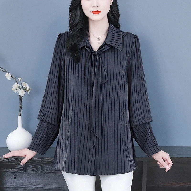 【直播爆款】240斤大码女装胖妈妈秋季加肥宽松休闲条纹衬衫上衣潮