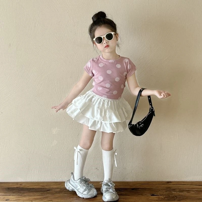 女童圆点T恤白色蛋糕裙套装2025夏装新款时髦儿童短袖短裙两件套