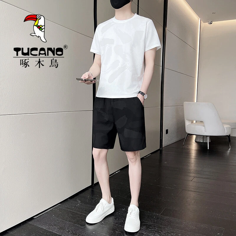 啄木鸟冰丝短袖恤男夏季新款薄款透气休闲帅气青年五分裤套2025新