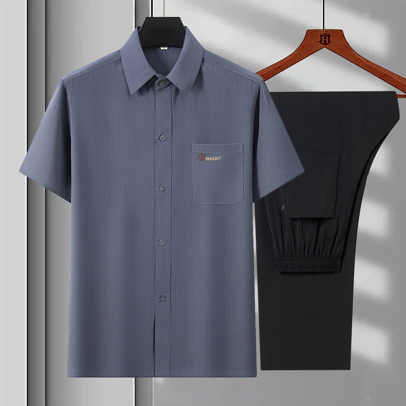 男夏季爷爷薄款衬衫中老年短袖衬衣老人衣服爸爸宽松冰丝麻料套装