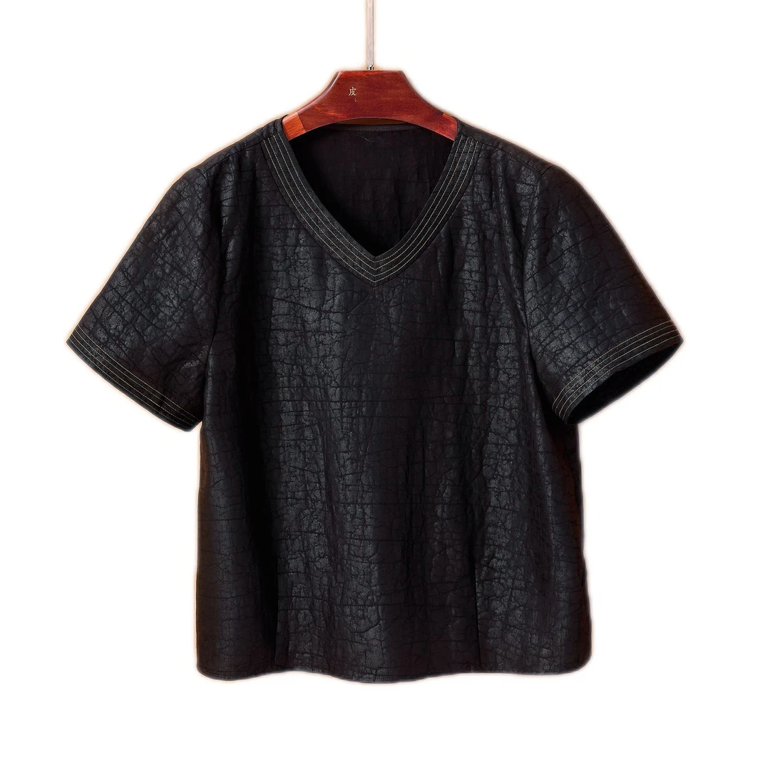 【100%桑蚕丝明线V领短袖T】龟裂纹香云纱红油皮套头T恤上衣dz051