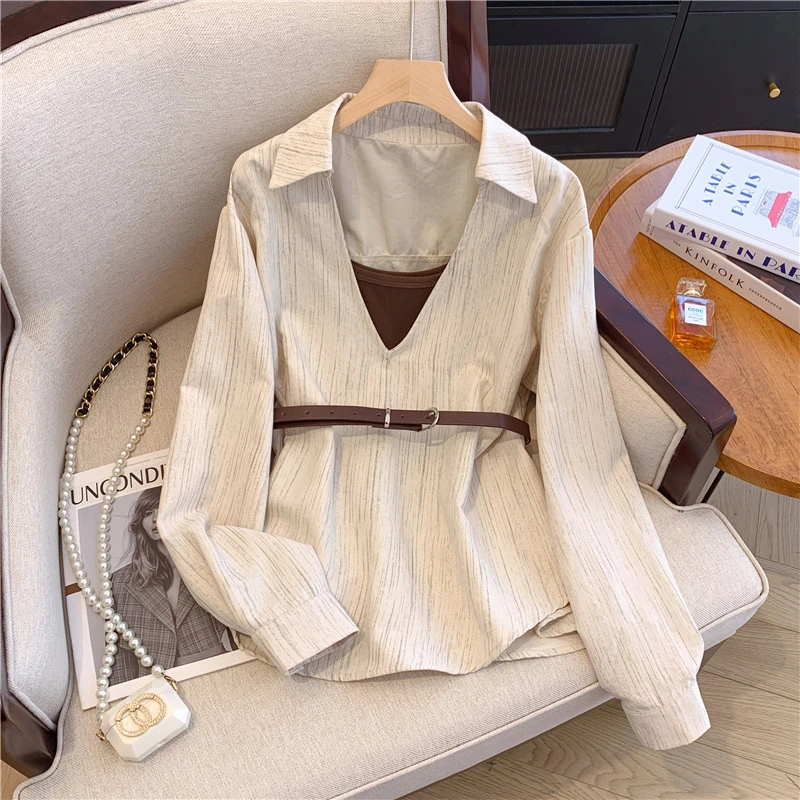 法式高级感配腰带收腰深V领长袖衬衫女秋装新款宽松衬衣气质上衣