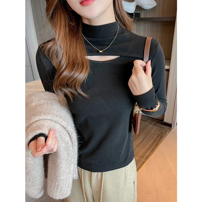 半高领黑色镂空打底衫女2025新款秋冬打底内搭设计感加厚修身上衣