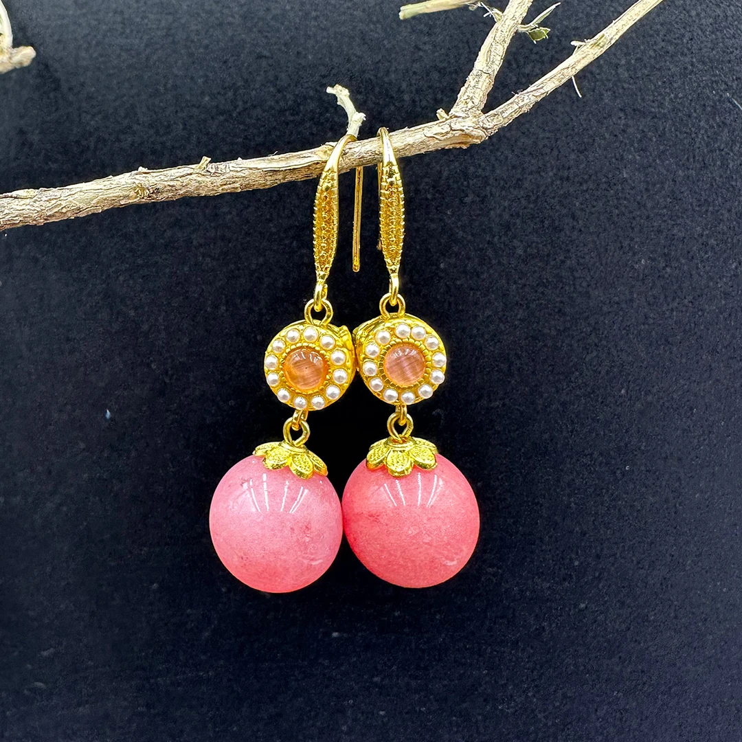 合金珐琅耳饰 天然粉色耳环A183工艺耳坠14mm原创设计耳饰甜美