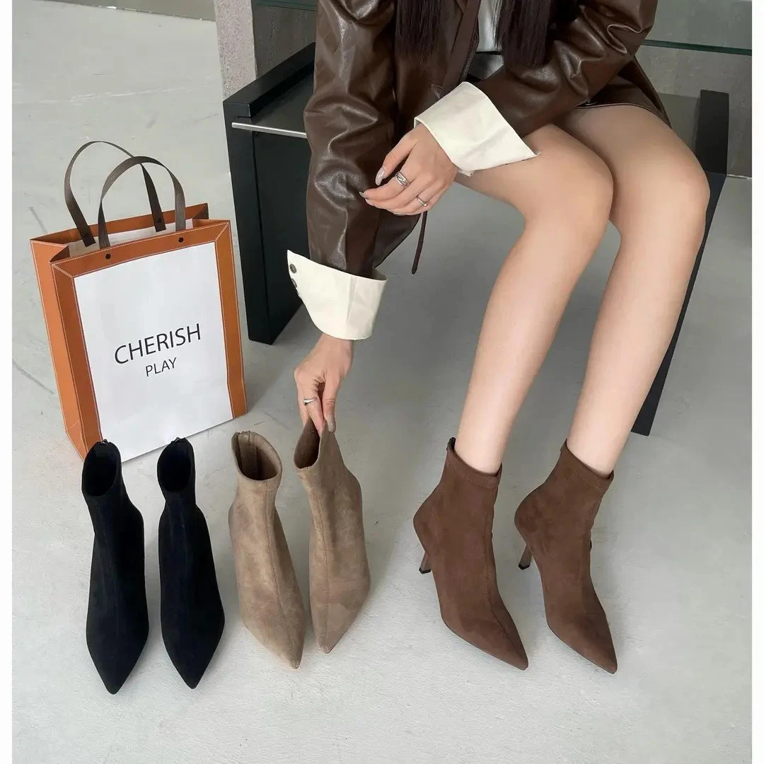 读美单靴网红裸靴气质百搭高跟尖头方头时尚弹力秋冬女靴x168-2