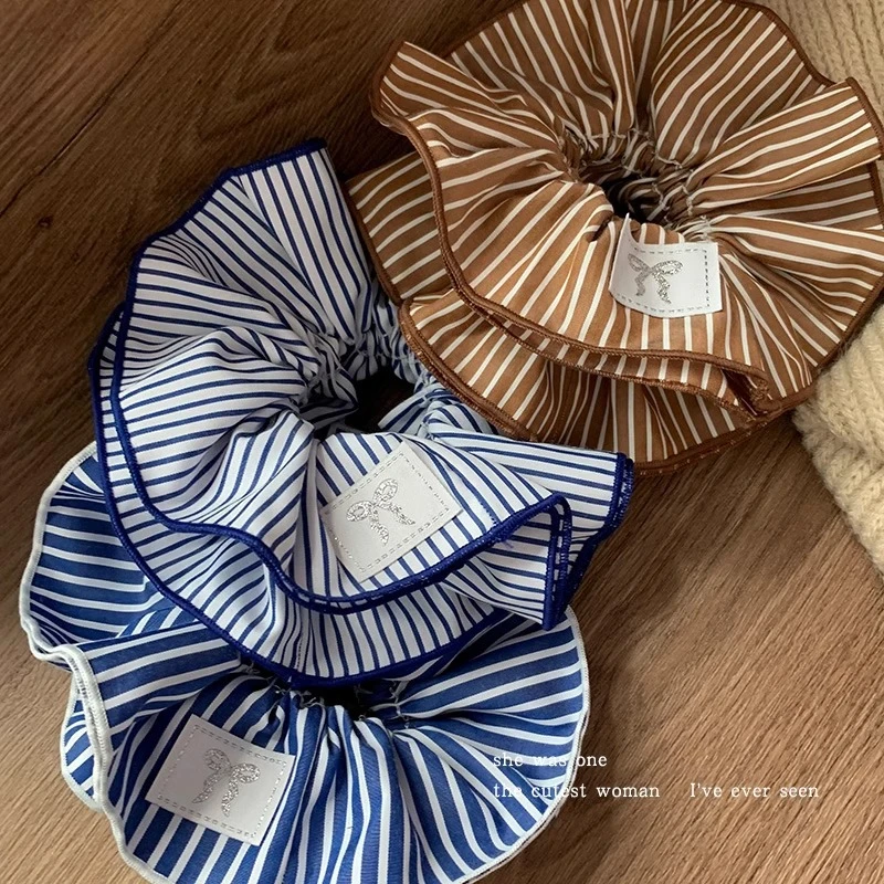 大肠发圈新款布艺条纹蓝色条纹加厚发圈网红马尾皮筋头绳发饰