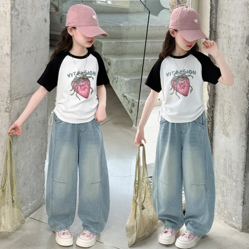 女童夏季短袖t恤套装2025新款女大童拼接袖儿童牛仔弯刀裤两件套