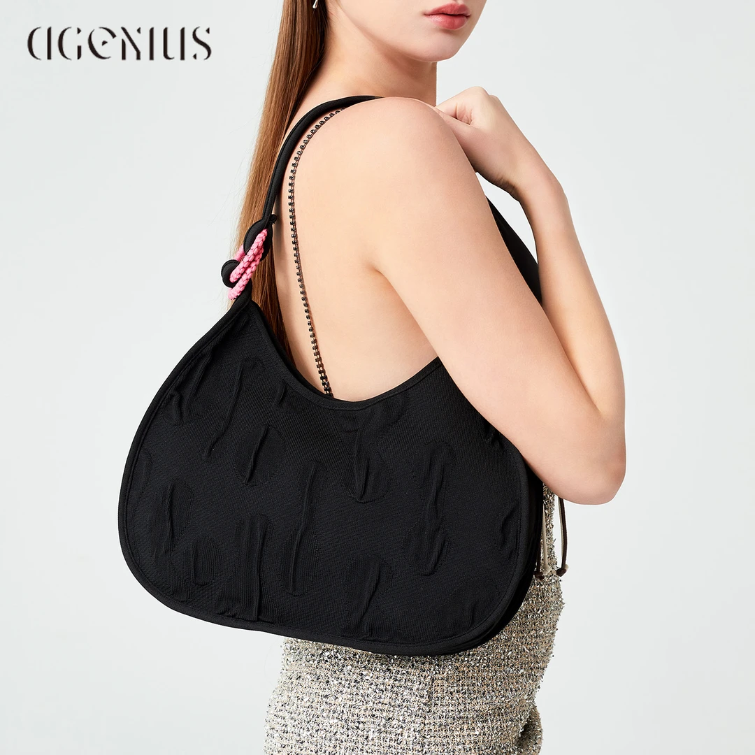 DGENIUS原创月牙包女简约腋下编织包休闲单肩包黑色通勤饺子包包