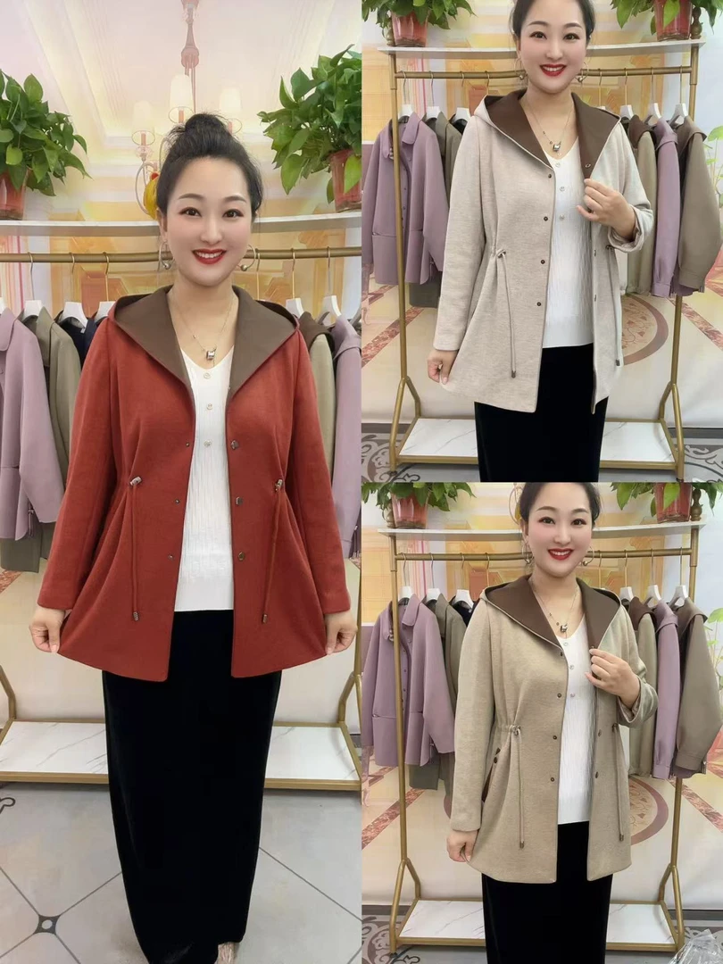 新款抽腰中长款连帽风衣外套0822