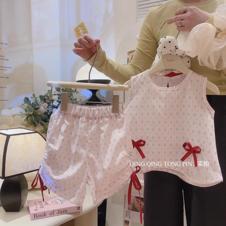 女童甜美蝴蝶结无袖上衣短裤两件套2025夏季新款