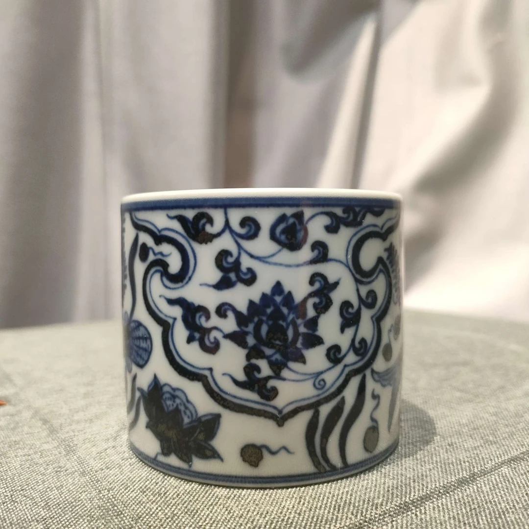 墨舍柴窑鱼藻直筒杯 景德镇陶瓷 主人杯 手绘 中式复古纯手工花纹