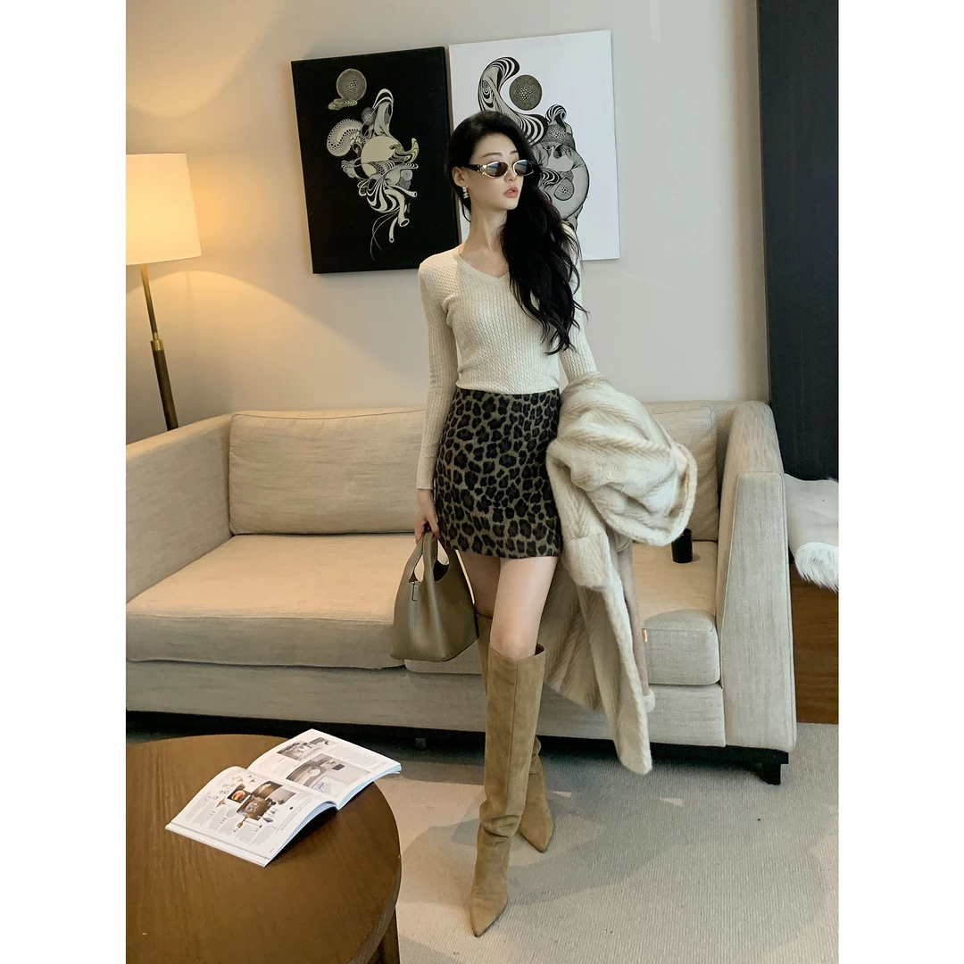 JIJINQI显瘦豹纹性感秋冬高腰短裙A字老钱风半身裙女JD10BZPT1827