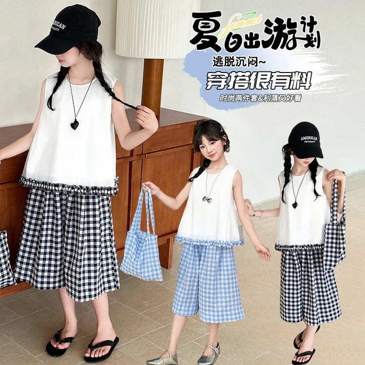 母女装 女童亲子同款25年夏季新品无袖格子裤套装休闲时尚洋气