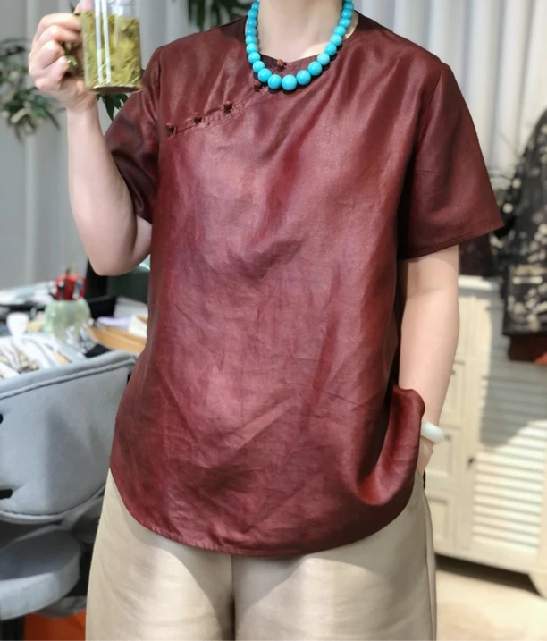 红云纱薄款通勤风衬衫圆领夏季短袖宽松外套