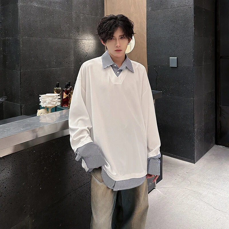 假两件衬衫领卫衣男chic韩版潮男痞帅春秋polo翻领外套潮牌高级感