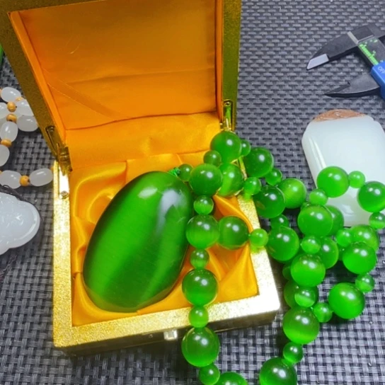 石材绿猫眼一套带盒子小黄车发货